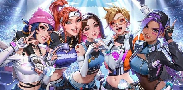 A promotional image for the Le Sserafim x Overwatch 2 collab featuring characters Kiriko, Brigitte, D.Va, Tracer, and Sombra in their collab skins