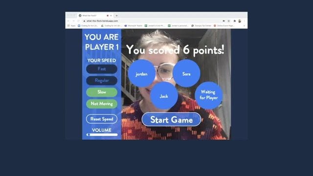 Video thumbnail for Jack Towrey’s presentation. Shows a person’s face with an overlay saying “You scored 6 points!” as well as buttons including one to start a new game.