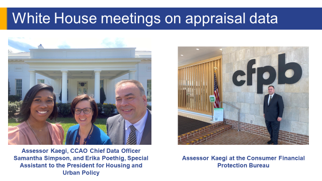 PowerPoint slide title White House meetings on appraisal data. Image includes photos of Assessor Fritz Kaegi, Chief Data Officer Samantha Simpson, and Erika Poethig, Special Assistant to the President for Housing and Urban Policy.