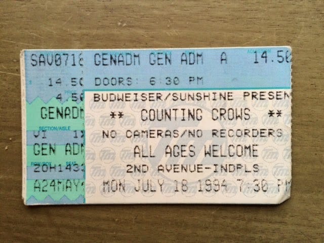 Counting Crows concert ticket, Mon July 18 1994, ALL AGES WELCOME, 2nd Avenue — Indpls $14.50