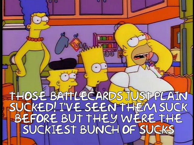 Simpsons screengrab of Homer saying the battlecards sucked