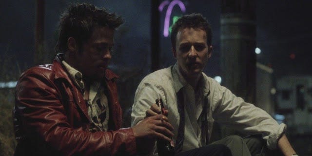 Tyler Durden and the protagonist bonding over a beer