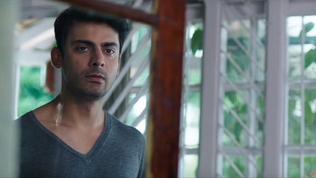 An image shows Fawad Khan as Rahul Kapoor. He stands behind a glass window looking toward the camera. He is wearing a grey t-shirt. White grills and green plants are visible behind him.