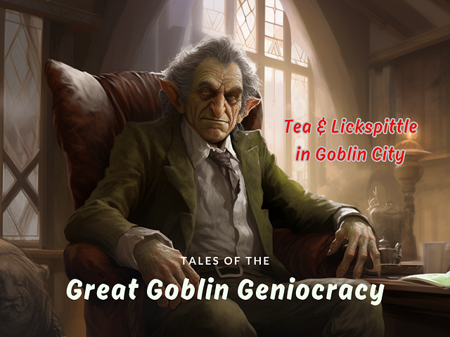 An older goblin with long grey hair, greenish skin and a green suit sits in a cosy office lid by warm natural light. His expression is kind, thoughtful and wise.