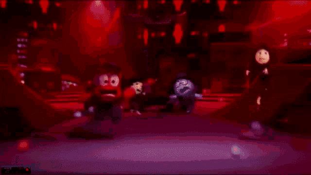 Scene from the movie “Inside Out” where Panic has set off the “Alert, Girl” alarm, and all the characters are running around screaming in a darkened room lit with red