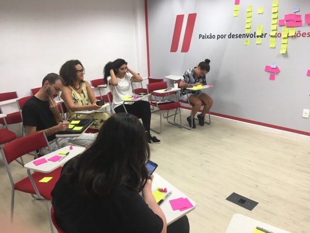 Pessoas sentadas em uma sala escrevendo com uma parede com post-its atrás