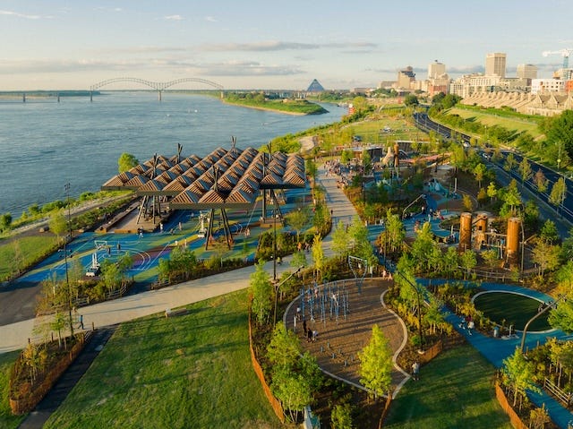 Aerial view of Tom Lee Park on the Mississippi River riverfront in Memphis