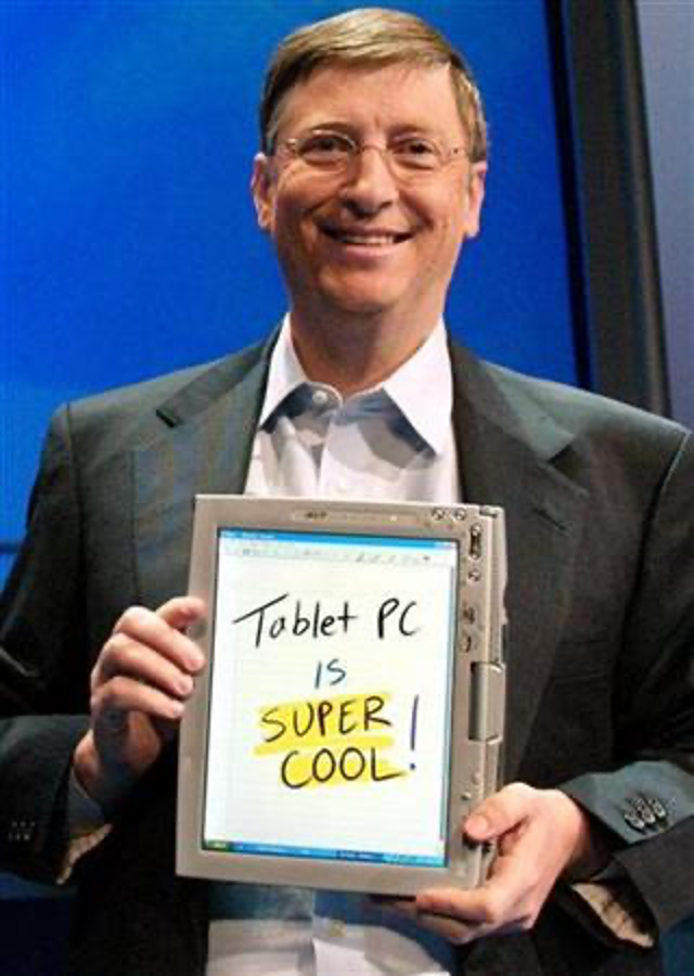 Bill gates introduces the Tablet PC in 2001, with a caption on it: “Tablet PC is Super Cool!”