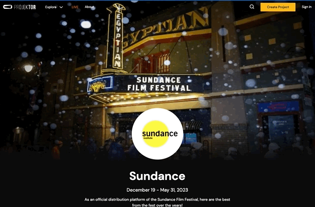 A screen recording of the Projektor platform, showing a page for the Sundance Film Festival, the available films to watch, and the different purchase options.