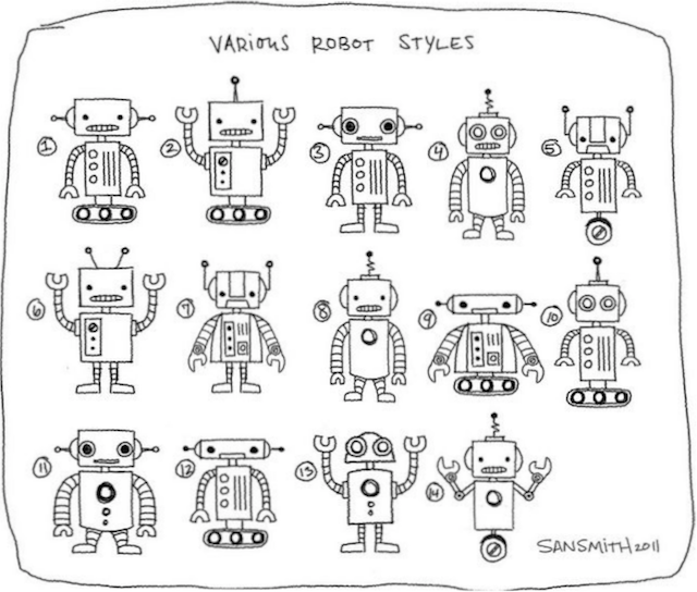 cute hand-drawn sketches of robots copyright 2011 San Smith