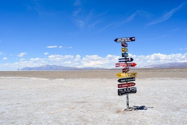 Road direction signs in the desert.