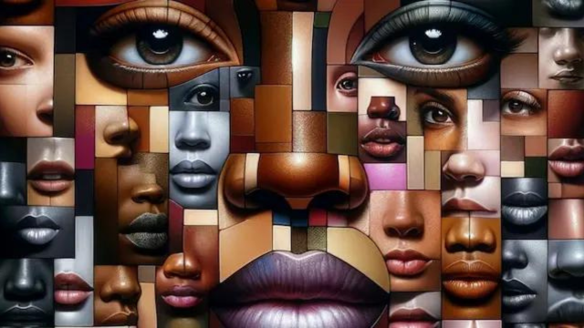 facial features, each differing in shape and size, artistically arranged to illustrate the intense focus on perceived flaws.