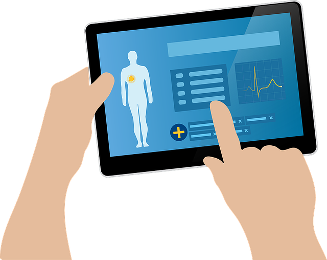 Illustration of two hands holding a tablet. The tablet screen shows a generic outline of a person with small charts next to it as if indicating statistics about the person’s health