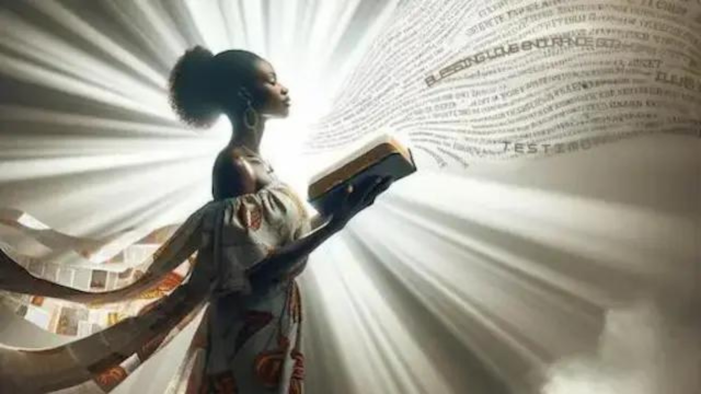 A ghanaian woman standing in light, holding open bible.