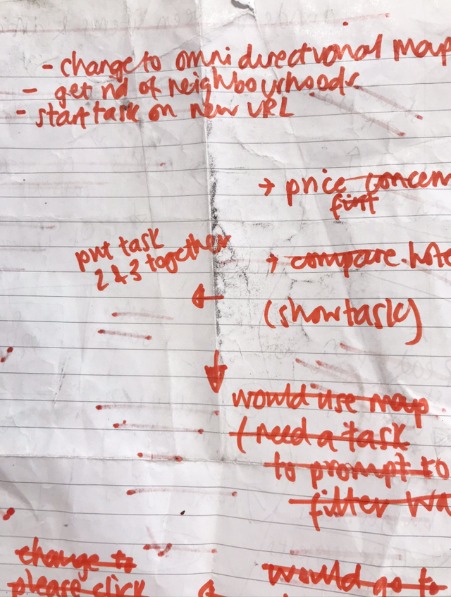 A scrap of paper full of scribbly changes to the prototype