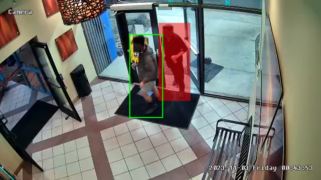1 of 2 people entering a fitness club is detected as unauthorized as shown in the red bounding box.