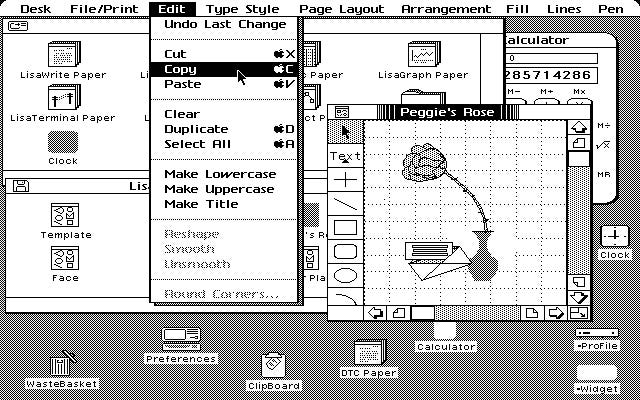 A screenshot of Apple Lisa 2, one of the first Graphic User Interfaces based on metaphors still used today. Desktop, folders, menus and icons are already there. Source: Computer History Museum