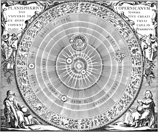 Model of the solar system published by Nicolaus Copernicus that placed sun at the center of the solar system.