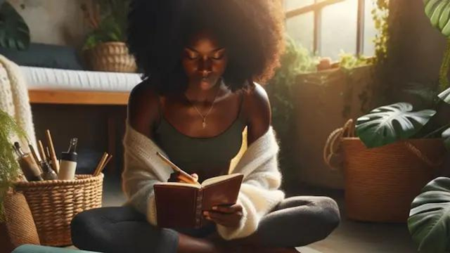 A Black woman journaling. Focused on alignment, discernment, prayer and manifestation.