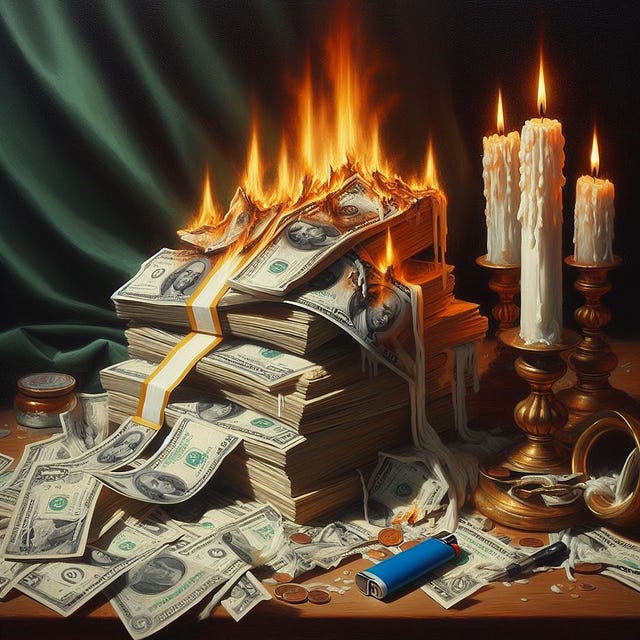 money is burning and there are some candles