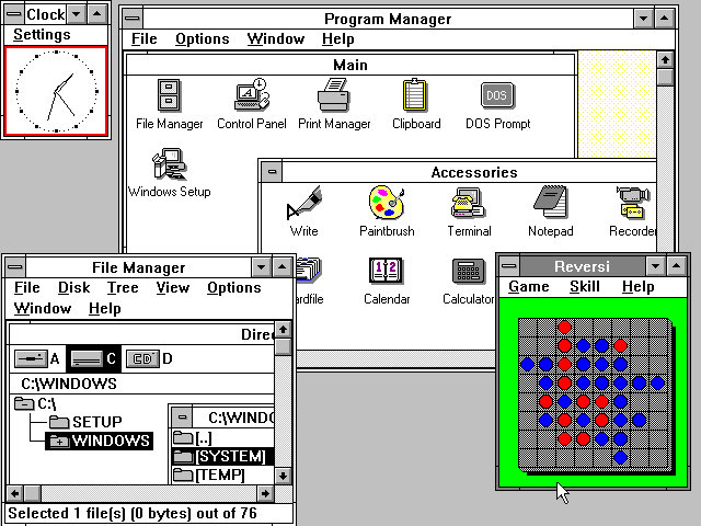 A screen capture of Windows 3.0 showing different windows including a file manager, clock, and a small game.