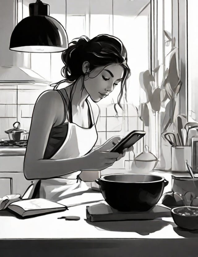 Young woman looking at her phone and cooking.