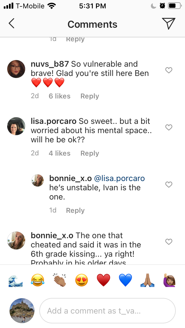 An Instagram user comments about the stability of Ben Smith, a contestant on the TV Show The Bachelorette.