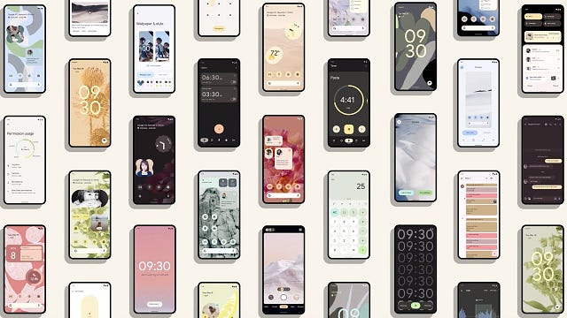 Multiple phones arranged in a grid with different wallpapers and different UI color palettes derived from the wallpapers.