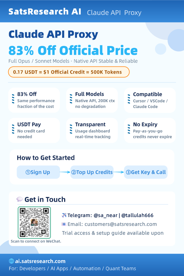SatsResearch AI | Claude API Proxy Access — From 83% Off