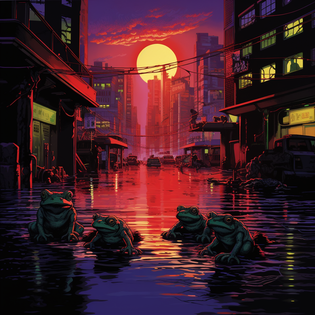We see frogs in a pond in the middle of a street during sunset in dystopian Tokyo, metaphorically symbolizing the freedom of our large civilizational pond, and moving away from the boiling pots that technological isolation brings.