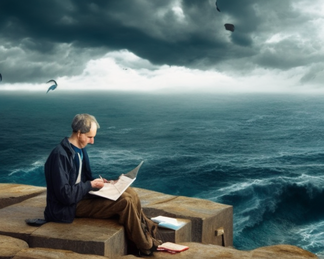 En mann som sitter og oversetter en tekst på en tablet på en klippe foran et stormfullt hav