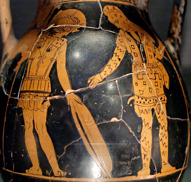 Pélica ática com figuras vermelhas, Diomedes na esquerda trocando armas com Glauco.