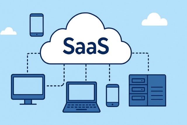 Illustration of cloud computing with interconnected devices representing SaaS applications