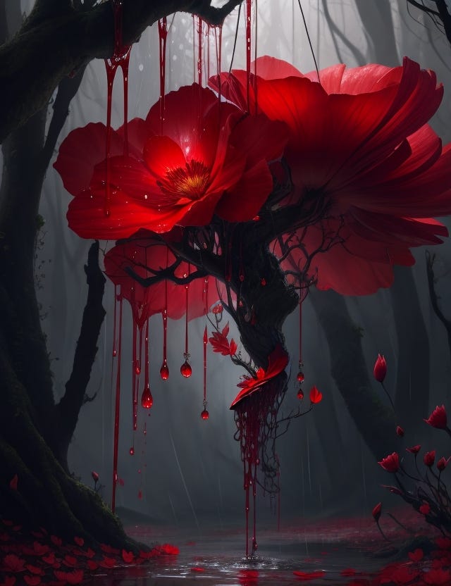 A ultra big flowers on a floating tree in dark black forest. Flowers are red and are dropping red fluid looking like blood. Image generated by Leonardo AI.