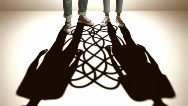 Two individuals standing close together, with their shadows on the ground intertwined, symbolizing codependency and enmeshment.