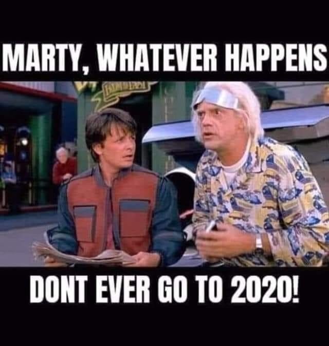 meme image from the movie back to the future. doc brown says, marty, whatever you do, don’t ever go to 2020 - from an article on funny advice to survive the pandemic