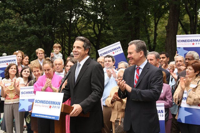 Disgraced New York Attorney General receiving an endorsement from disgraced New York Governor Andrew Cuomo. Photo credit: Citizen Action NY