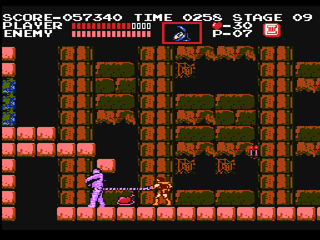 Tela do jogo Castlevania, com o personagem principal dando uma chicotada em uma múmia. Acima, pode se ver a barra de vida de um inimigo que não está na tela no momento.