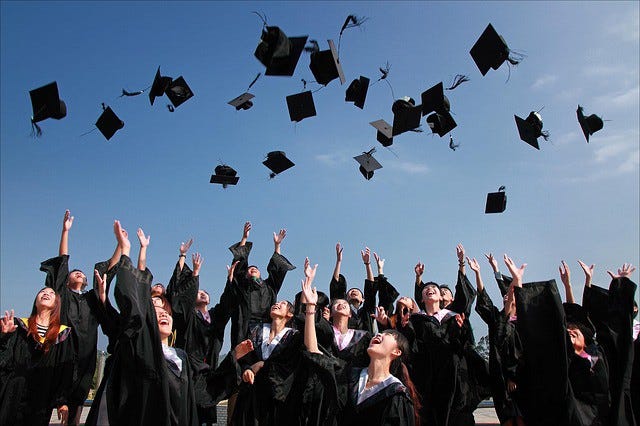 Image depicting Graduates throwing mortar boards in air celebrating success.