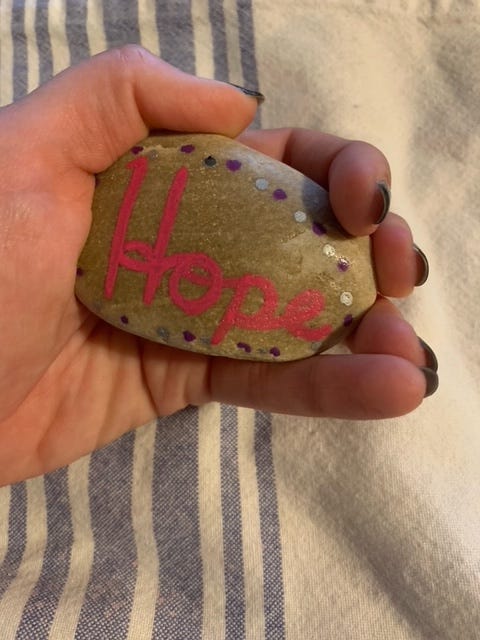 Stone painted with the word “Hope”