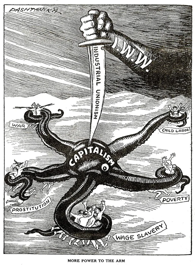 An arm labelled I.W.W. holds a knife labelled “industrial unionism” above a monster labelled “capitalism” which has in its grip a series of people labelled “war,” “child labour,” “prositution”, “poverty,” and “wage slavery.”