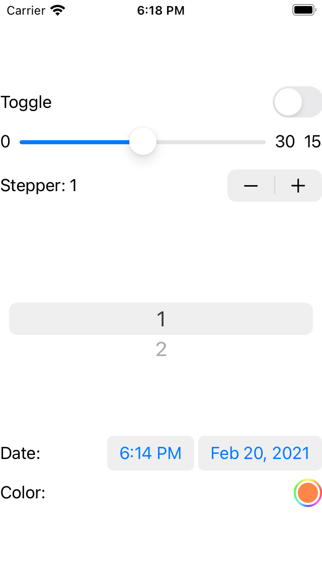 Many different SwiftUI form views displayed on the screen of an iPhone. It contains a Stepper, Slider, Picker, DatePicker, ColorPicker, and Toggle.