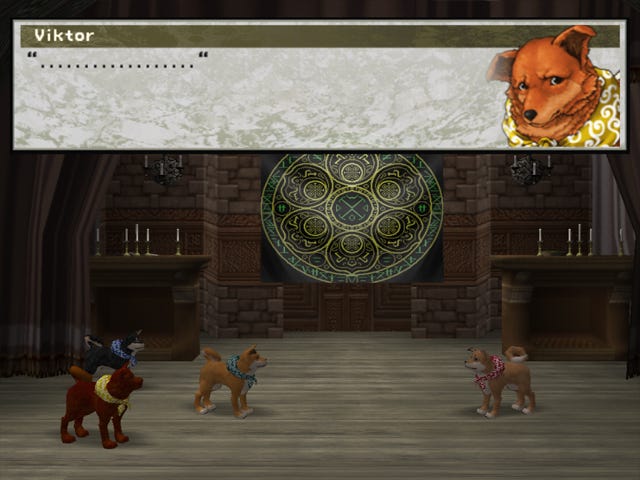 Game Still: Four dogs are putting on a play. Kosanji, as Viktor, says “…………”