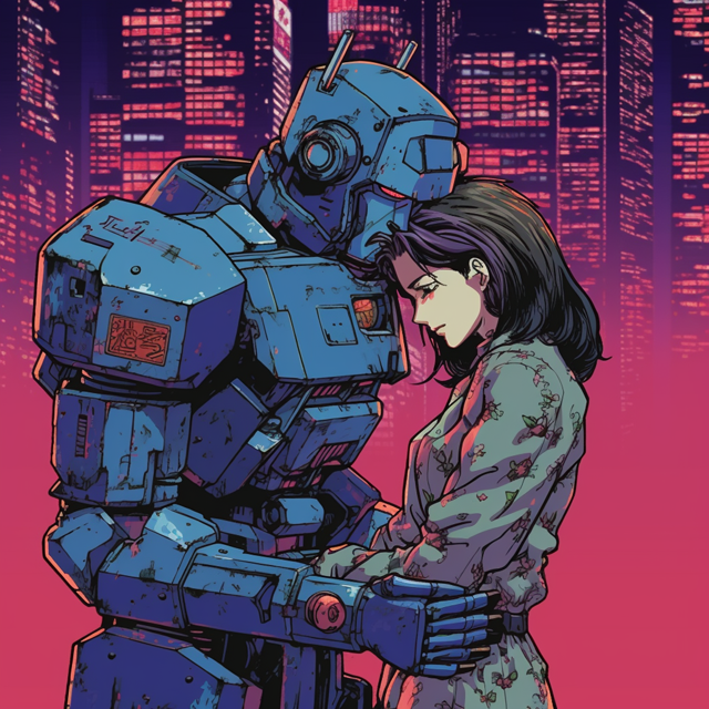 We see a humanized robot comforting a woman, seemingly providing warm comfort while simultaneously restricting her mobility, drawn in the dystopian anime style and surrounded by neon-magenta myst in front of skyscrapers in the background.