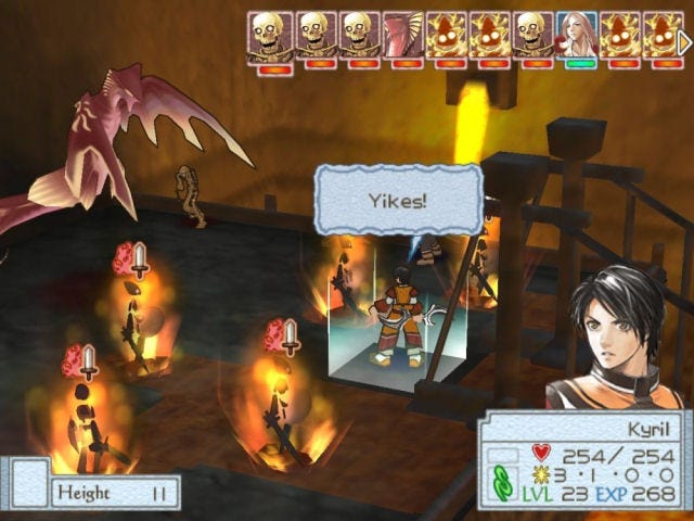 Game Still: Kyril, in battle, saying “Yikes!”