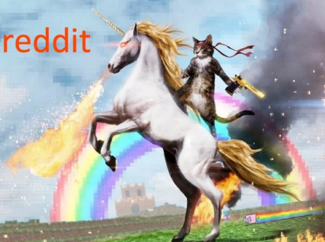 reddit — Image of a cat with a red bandana, holding a golden gun and riding a fire-spitting unicorn with red glowing eyes. Rainbow and smoke in the background.