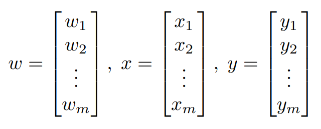 Vektor input x, vektor output y, vektor bobot w