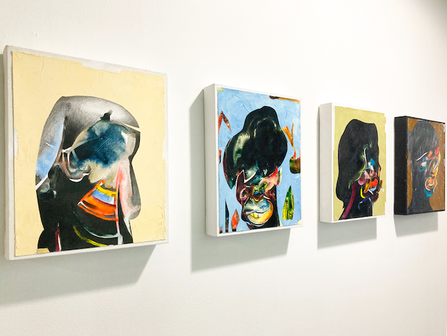 Four painted portraits that are abstracted by the artist Leasho Johnson at FLXST Contemporary. Courtesy of the artist.