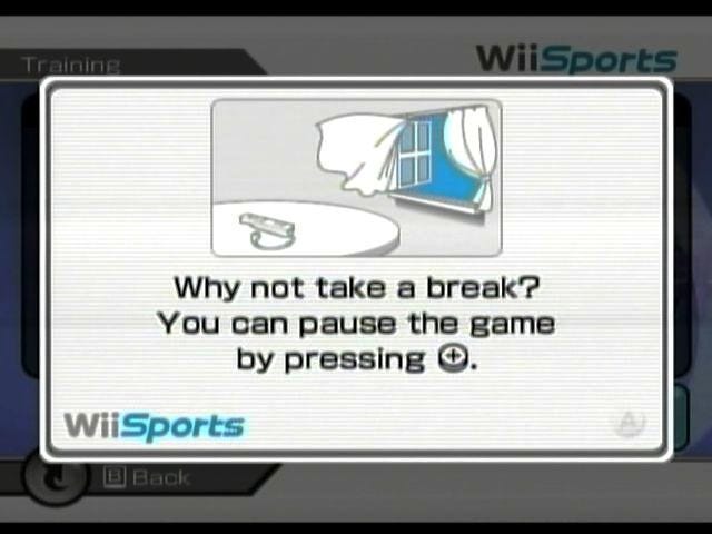 Wii sports screen that suggest to take a break and pausing the game.