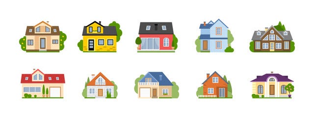 Image showing 2D illustrations of 10 colorful houses ranging between one and two stories in height.